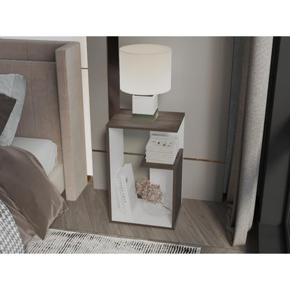 Mesa de Noche Evert, Avellana y Blanco, con diseño moderno y espacio para ubicar objetos