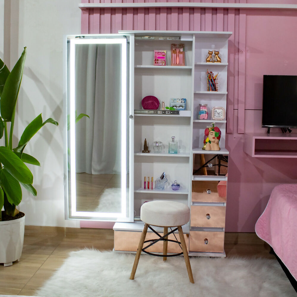 Vanity Puerta Abatible oro rosa Espejo Led