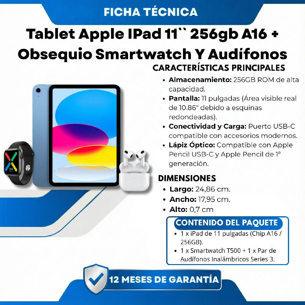 Tablet Apple IPad 11 Pulgadas 256gb A16 + Obsequio Smartwatch Y Audífonos Celeste
