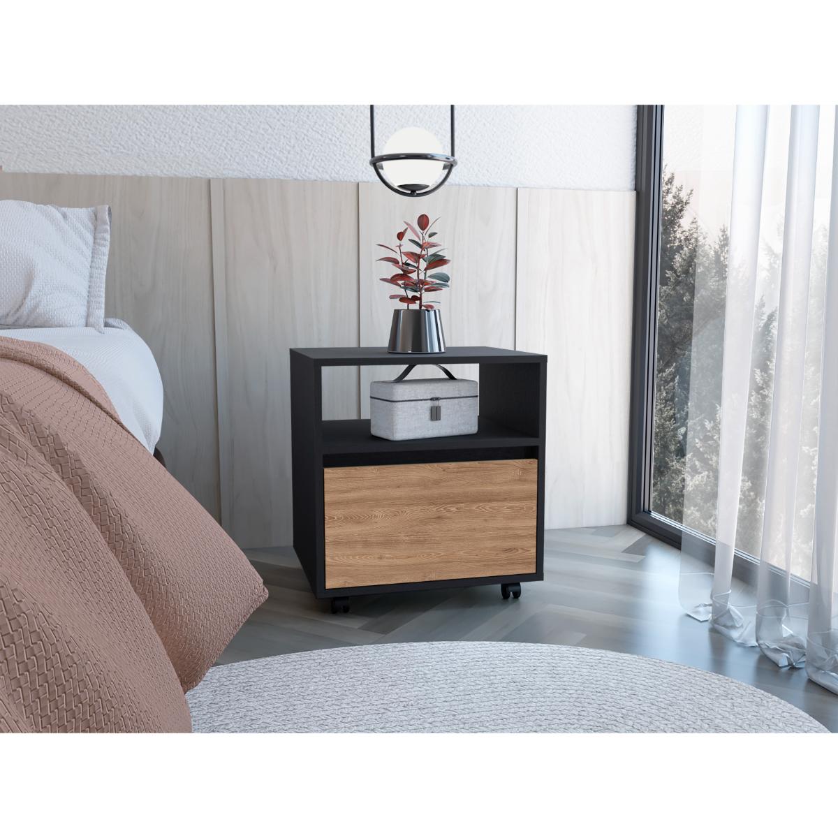 Mesa de Noche Cruella, Wengue y Miel, con espacio para colorcar objetos decorativos