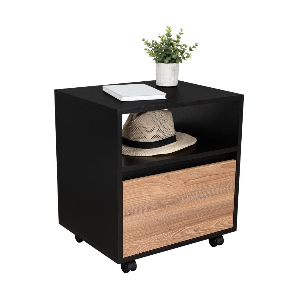 Mesa de Noche Cruella, Wengue y Miel, con espacio para colorcar objetos decorativos