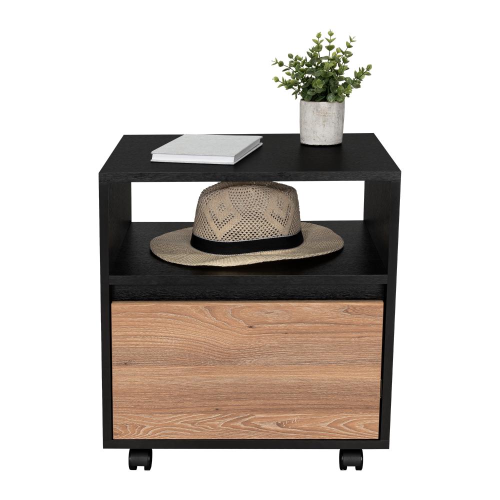 Mesa de Noche Cruella, Wengue y Miel, con espacio para colorcar objetos decorativos