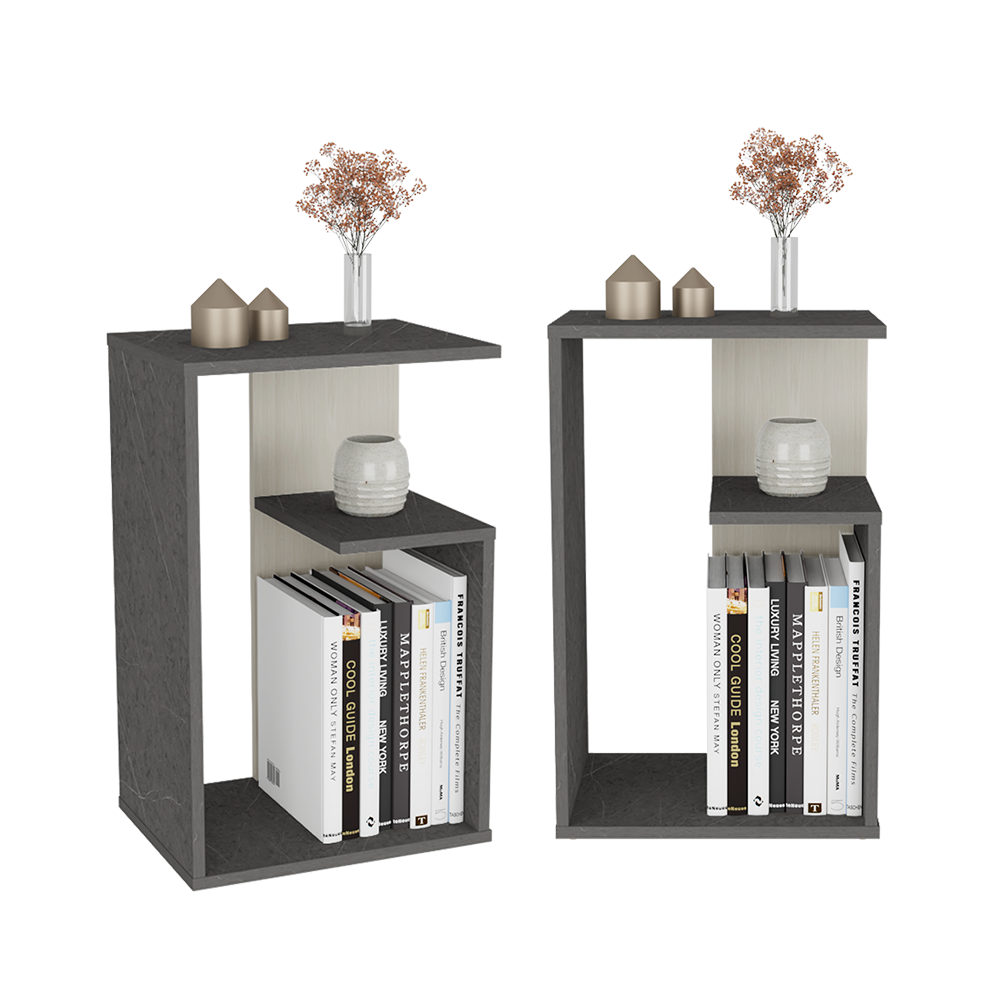 Mesa de Noche Evert, Piedra y nevado, con diseño moderno y espacio para ubicar objetos X2