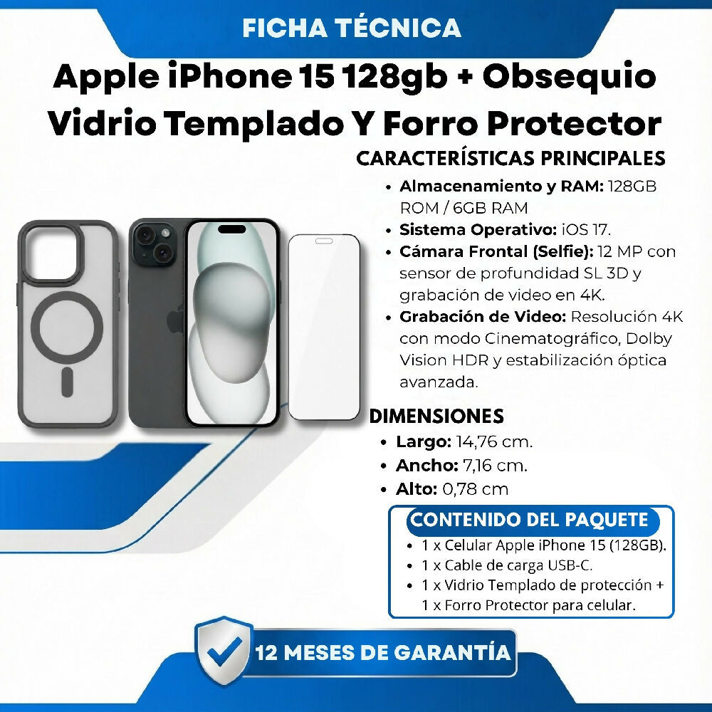 Celular Apple IPhone 15 128gb + Obsequio Vidrio Templado Y Forro Protector Negro