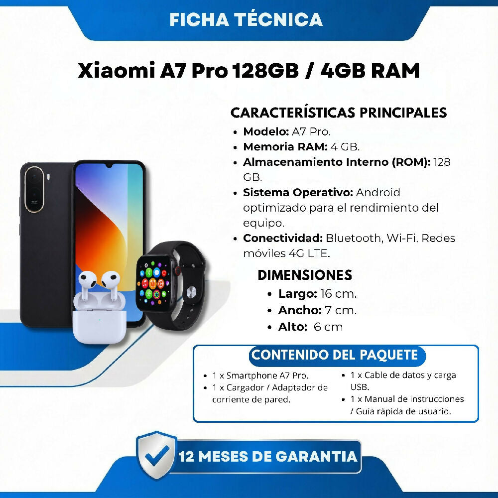 Celular Xiaomi A7 Pro 128GB / 4GB RAM Original Negro + Obsequio Smartwatch Y Audífonos Inalámbricos