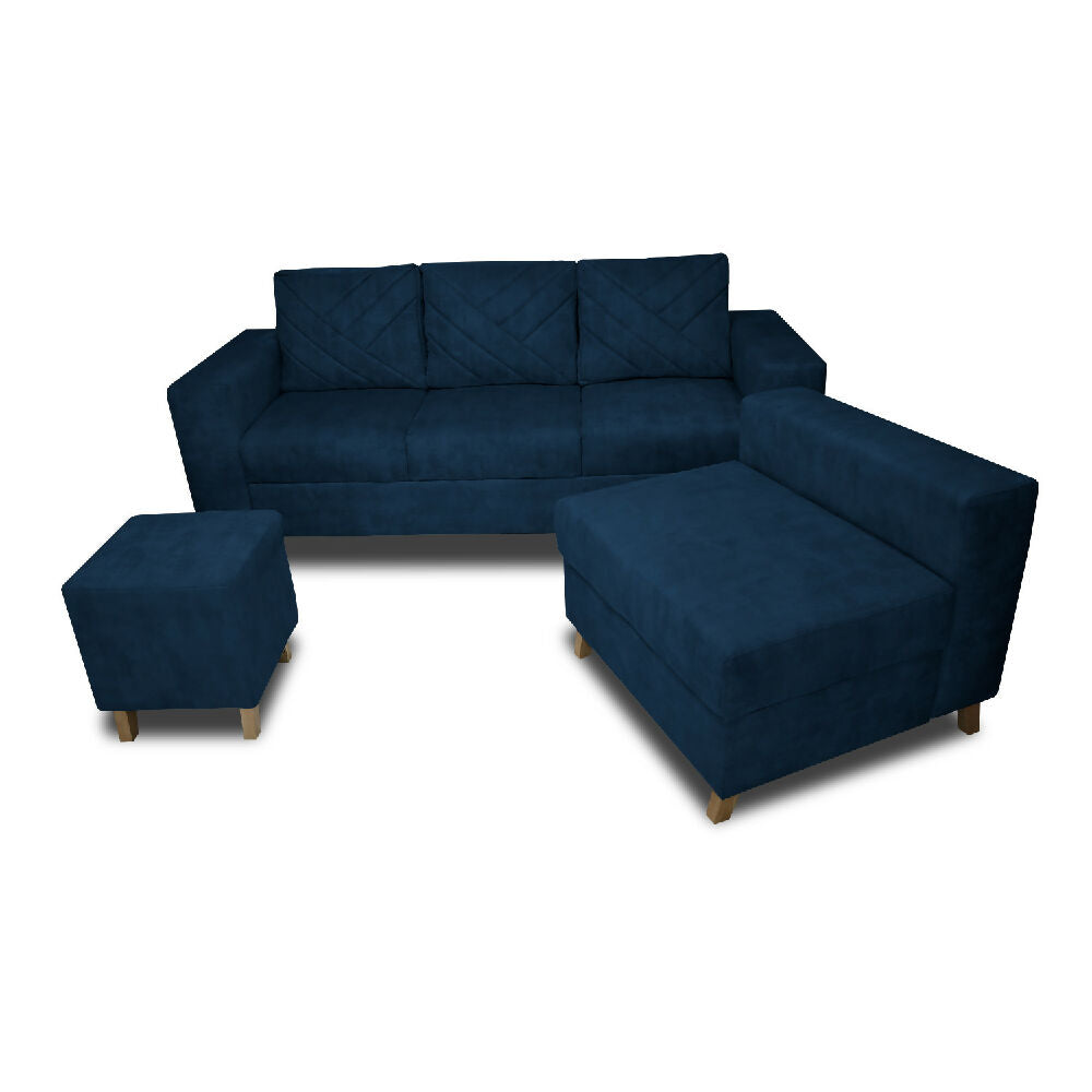 Sala Amsterdam + Silla + Puff en Tela Amiglable Con Mascotas 205X72X155 Cm Azul Petroleo