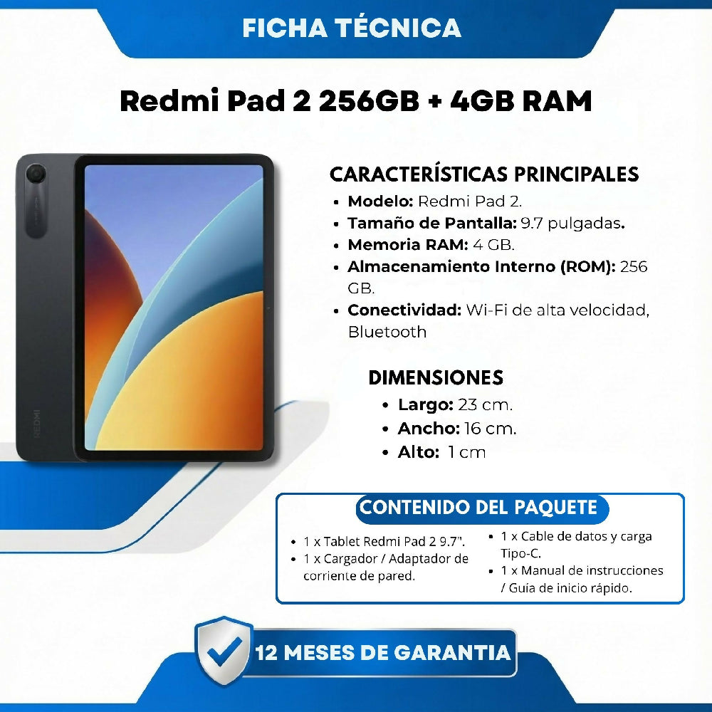 Tablet Redmi Pad 2 Wi-Fi 256GB 8GB RAM + Obsequios Audífonos Y Smartwatch Negro
