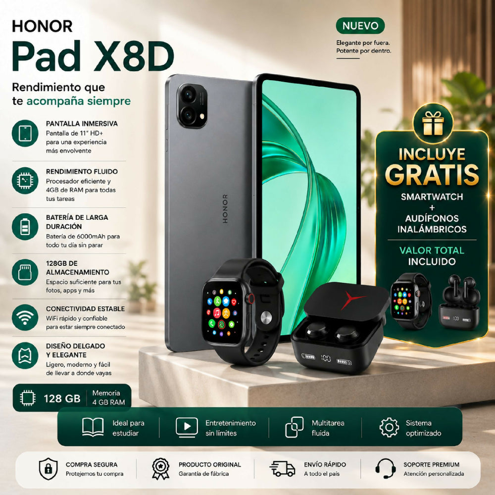Tablet Honor Pad X8D 128GB / 4GB RAM + Audífonos Bluetooth Y Reloj Gratis
