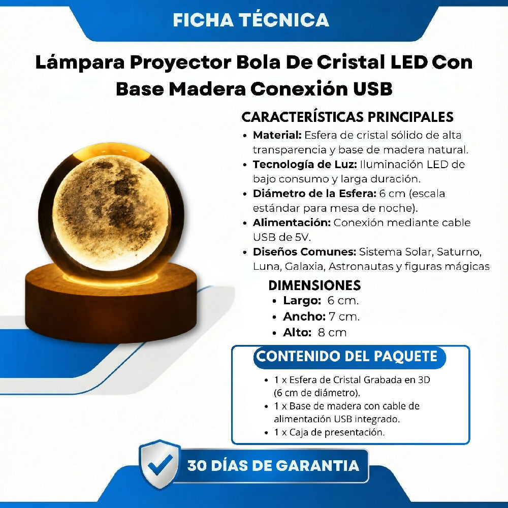 Lámpara Proyector Bola De Cristal LED Con Base Madera Conexión USB