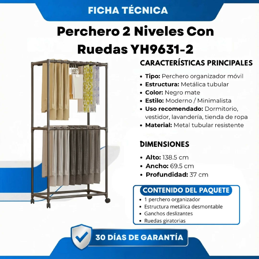 Perchero 2 Niveles Con Ruedas YH9631-2 Estructura De Acero