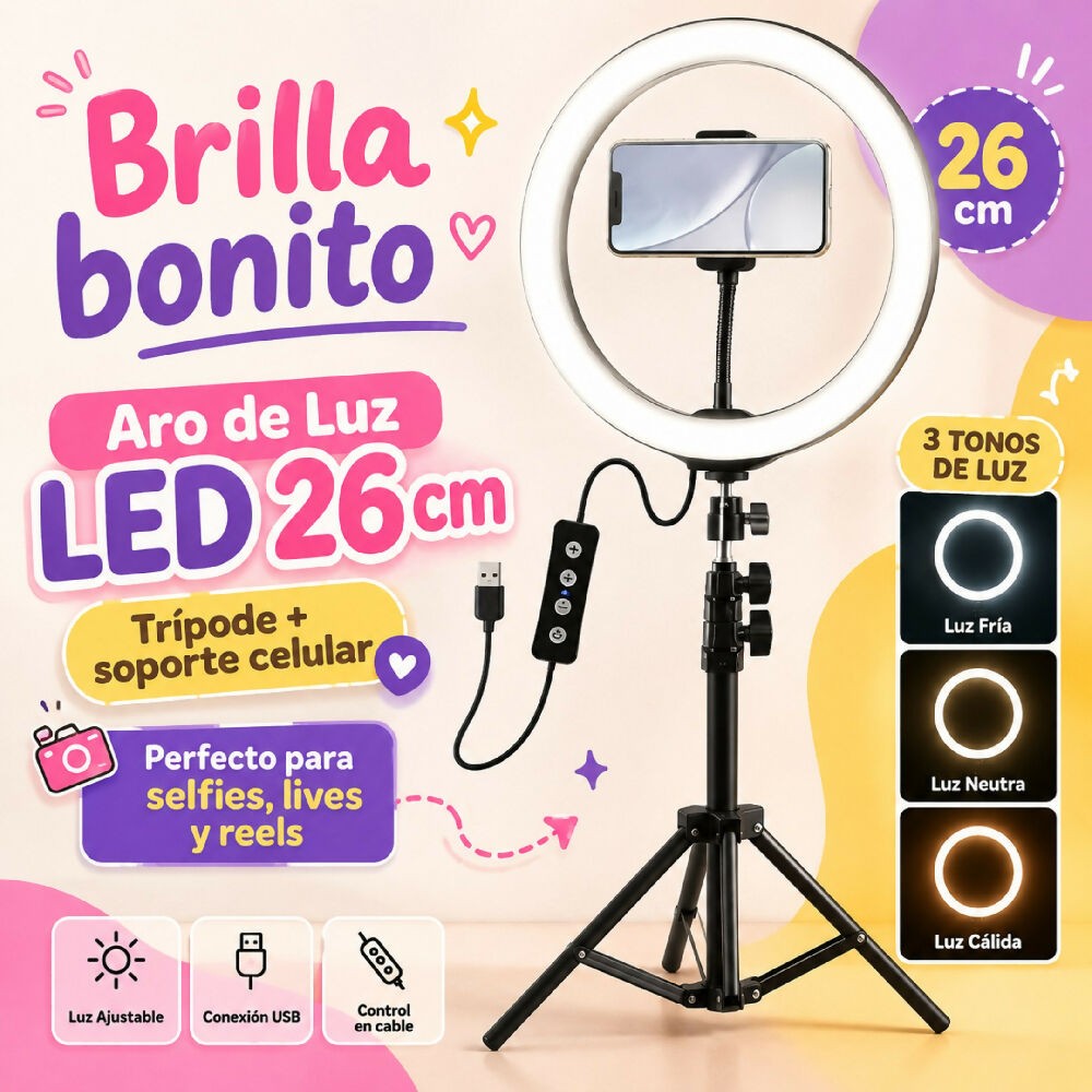 Aro De Luz Selfie De 26Cm Alimentación USB Con Soporte Ajustable Para Teléfono