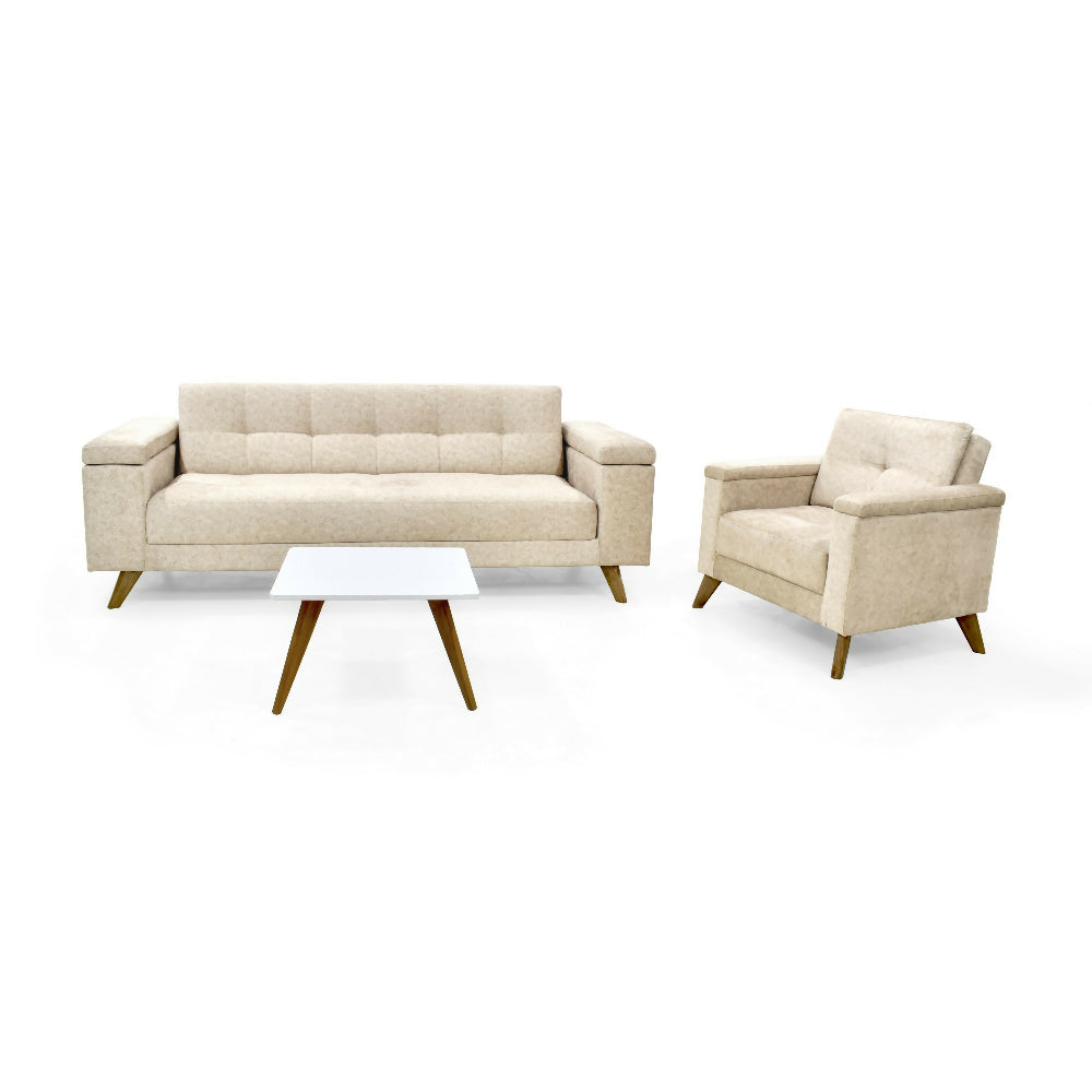 Set de sala con Sofa Cama Moretto Poltrona Carter Tela Beige mas mesa de Centro Nova