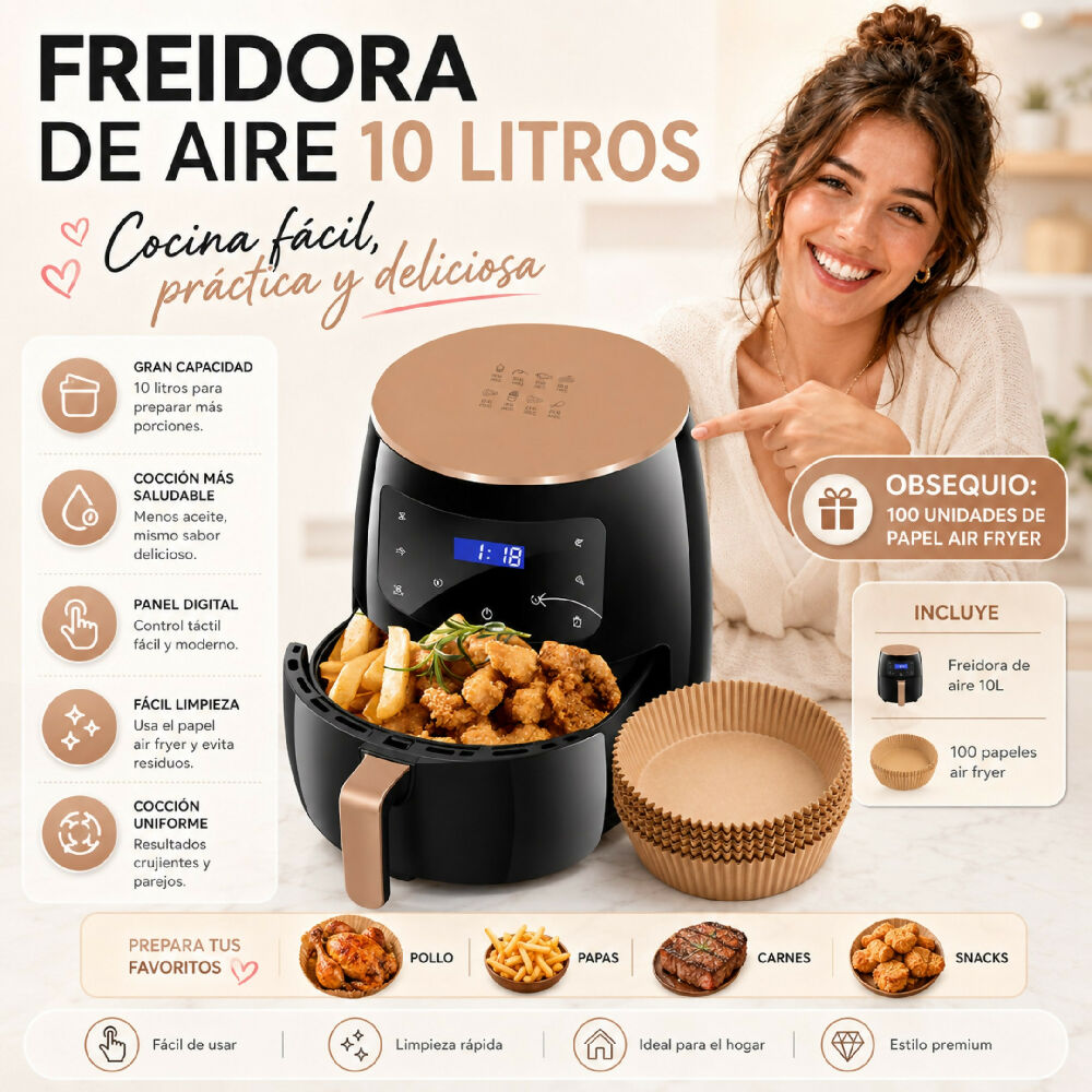 Freidora De Aire 10 Litros XL + Obsequio 100 Papeles Para Air Fryer