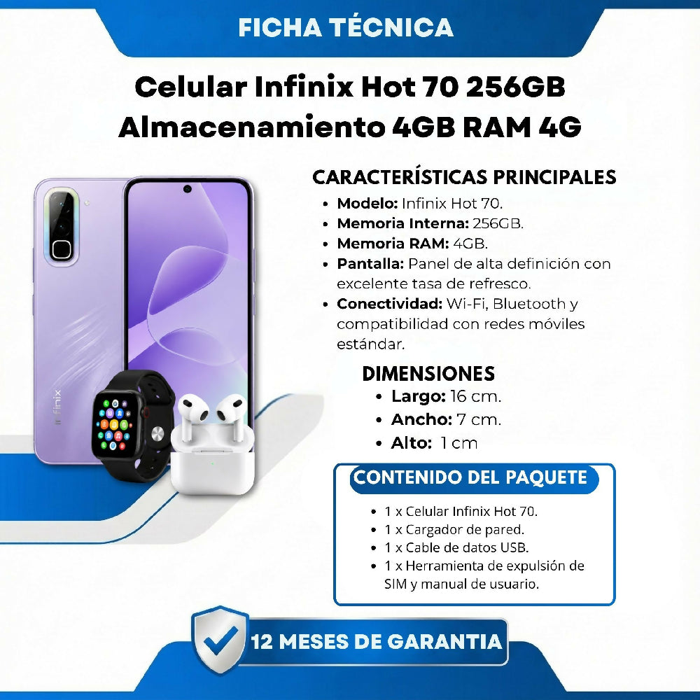 Celular Infinix Hot 70 256GB 4GB RAM Morado + Obsequio De Audífonos Y Reloj