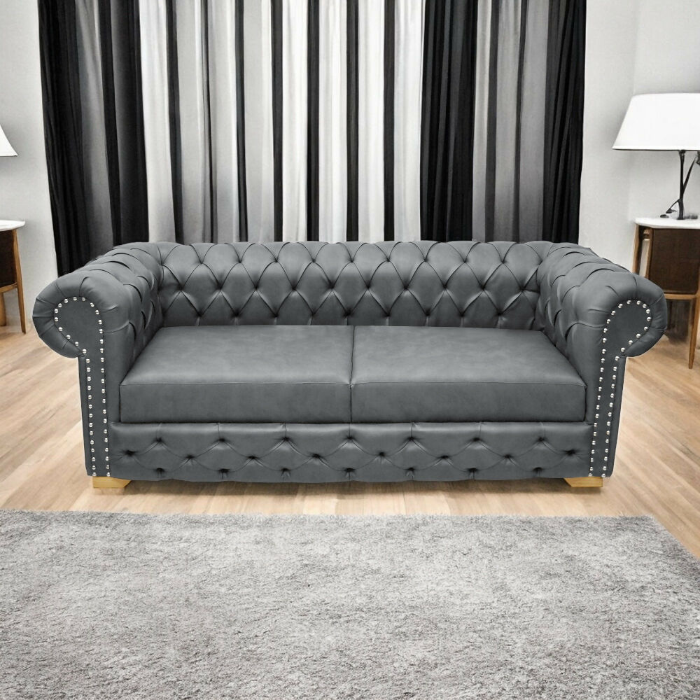 Sofá Chesterfield 3 puestos tipo cuero gris