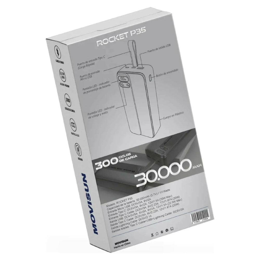 Power Bank Rocket P35 Movisun 30000MaH De Gran Capacidad