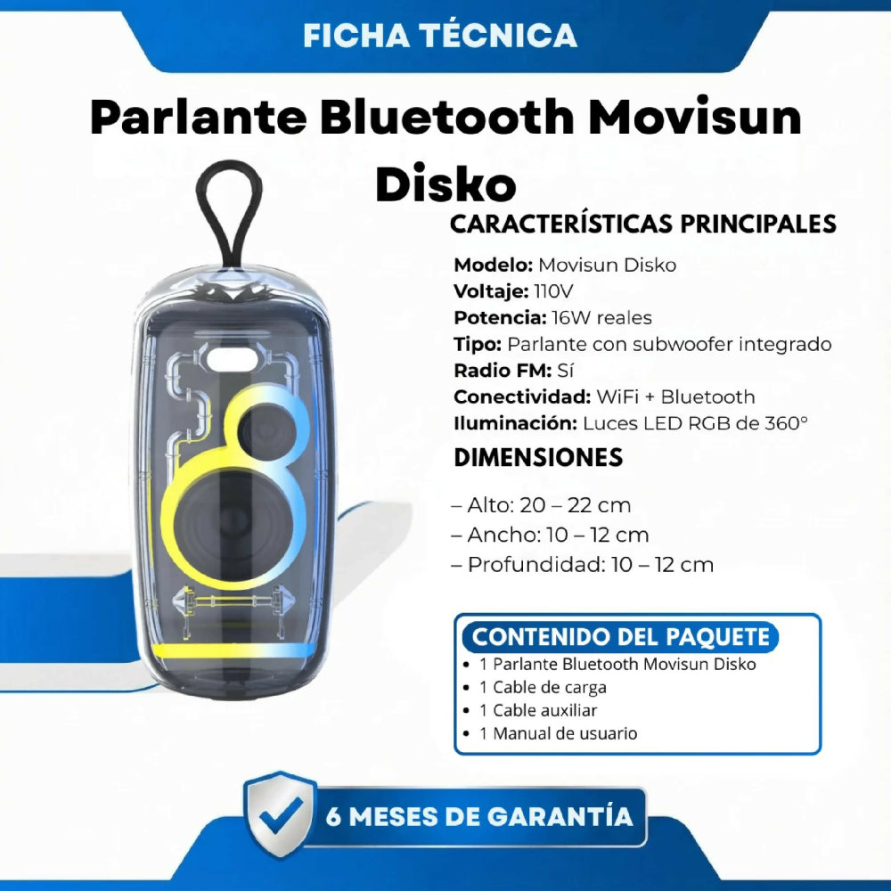 Parlante Bluetooth Movisun Disko LED RGB Y Sonido De Alta Fidelidad