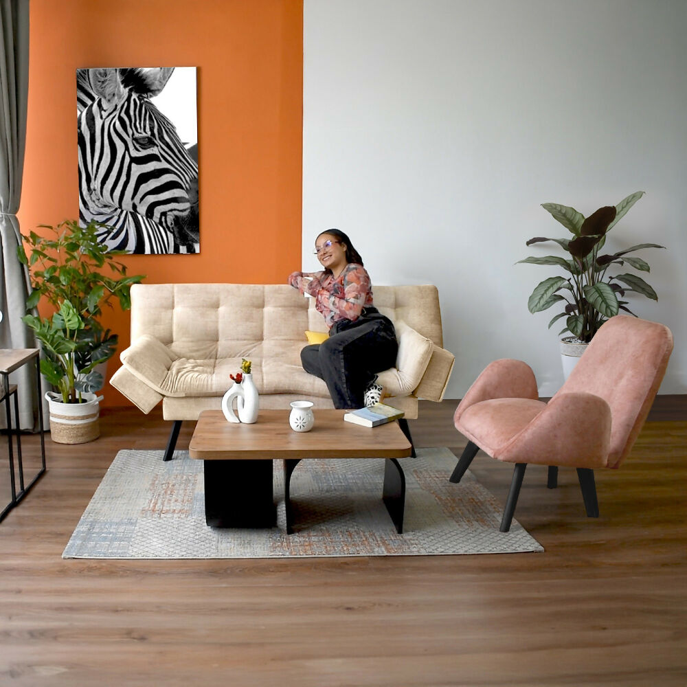 Set de Sala con Sofa Milan Tela Beige con Poltrona Sibu Tela Salmon y Mesa Centro Ark Macula