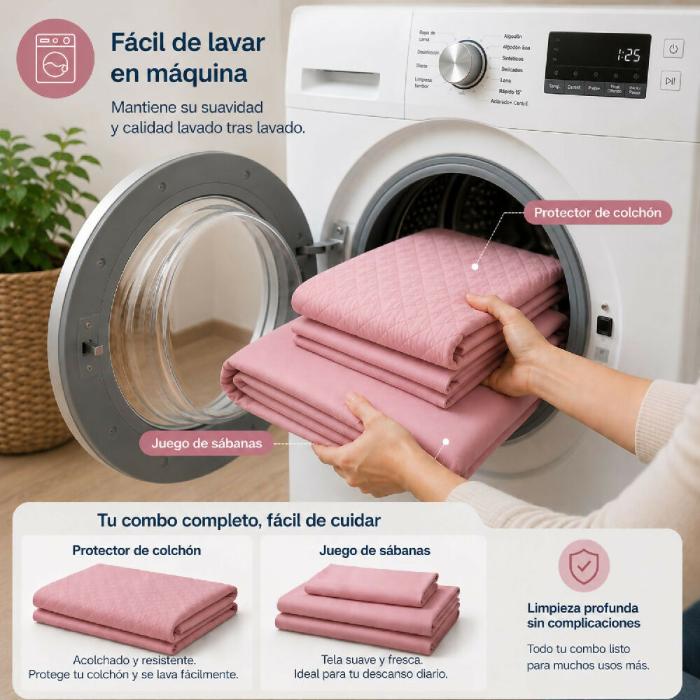 Combo protector colchon + Juego de sábanas king rosado