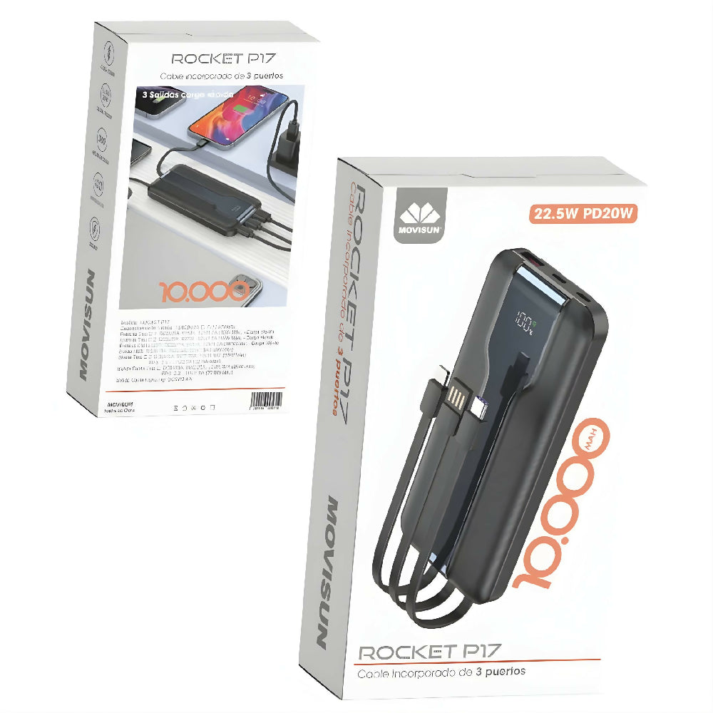 Power Bank Rocket P17 Movisun 10000MaH Con Carga Rápida Y Salida Triple