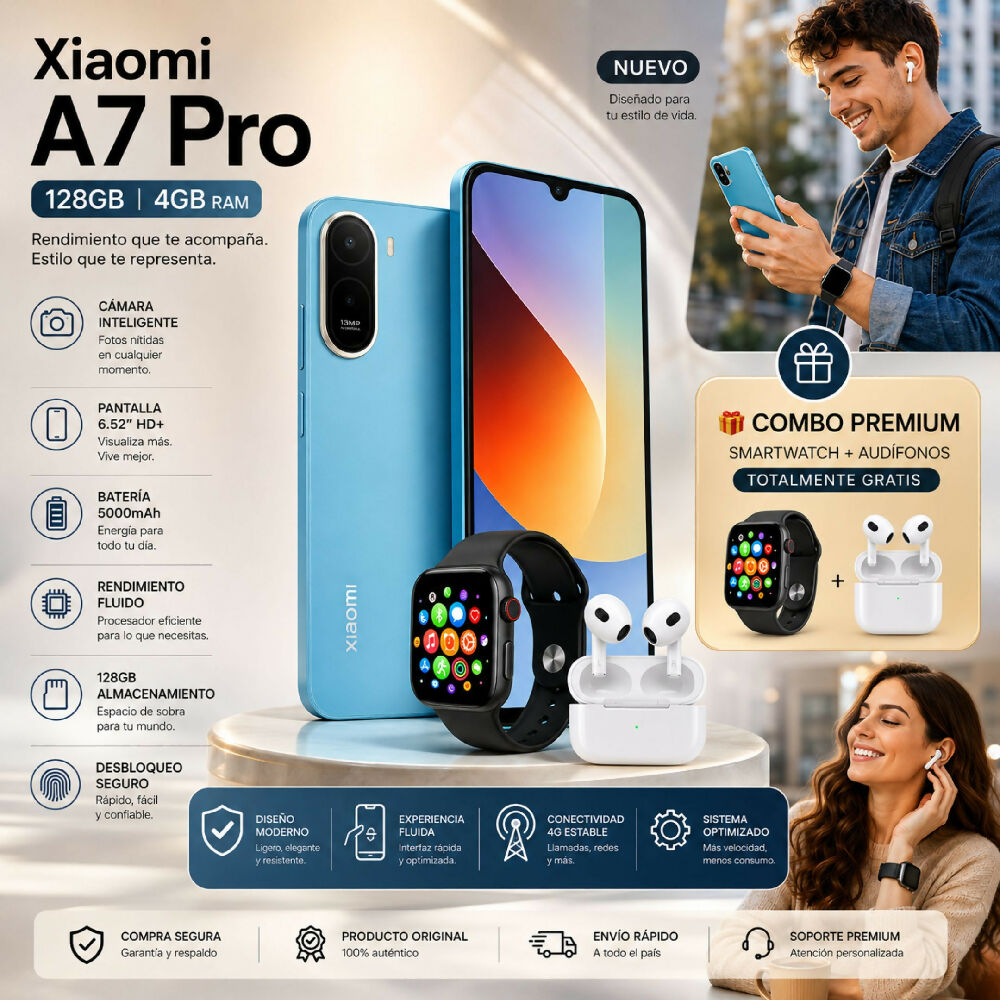 Celular Xiaomi A7 Pro 128GB / 4GB RAM Original Celeste + Obsequio Smartwatch Y Audífonos Inalámbricos