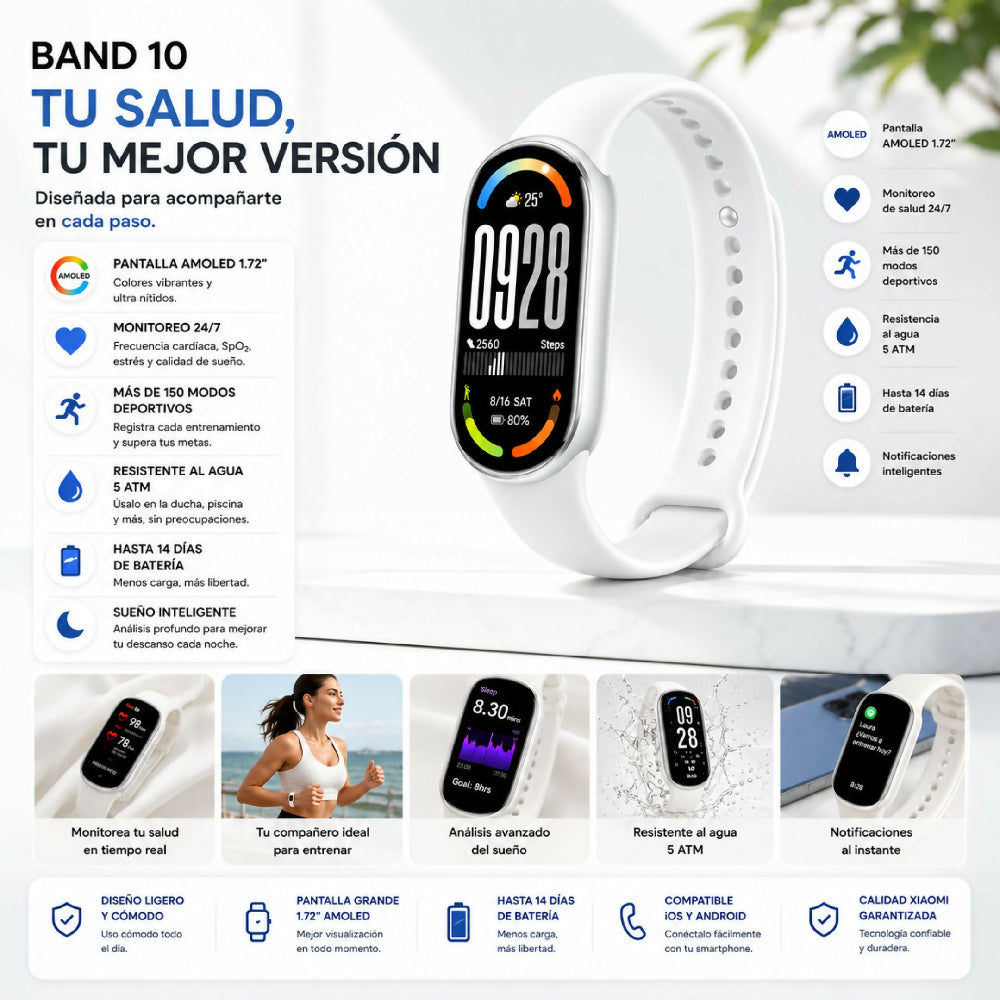 Smart Band Xiaomi 10 Pulsera Deportiva Sensor Ritmo Cardíaco Blanco