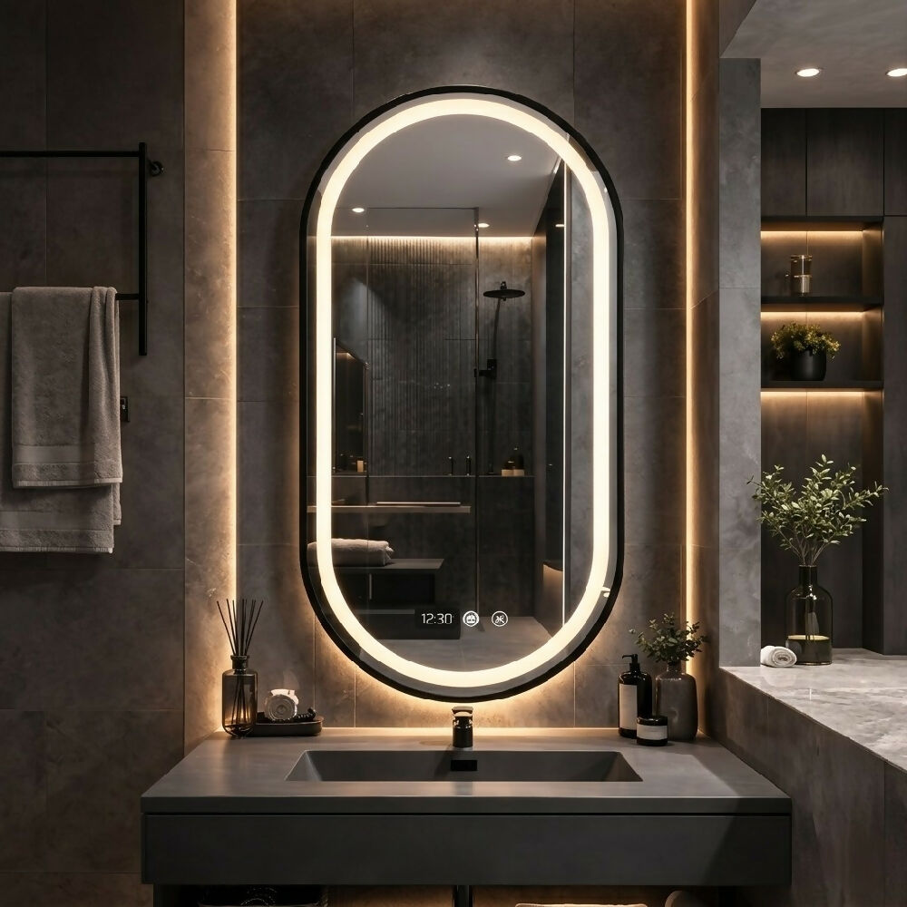 Espejo LED ovalado 100x55 con sistema antiempañante y elegante marco negro