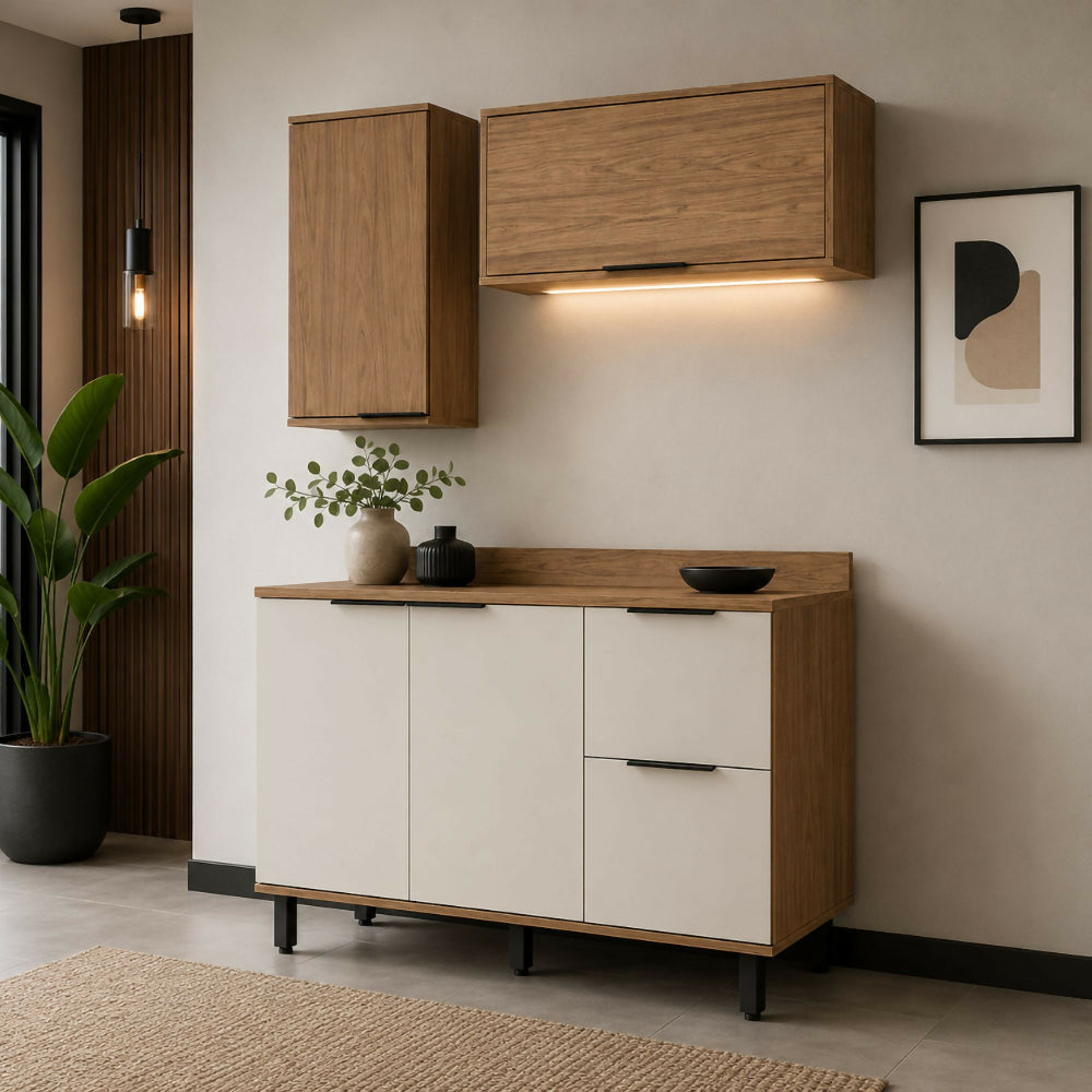 Cocina 120 cm Tahití 4 Puertas 2 Cajones - Natural/Blanco Apagado