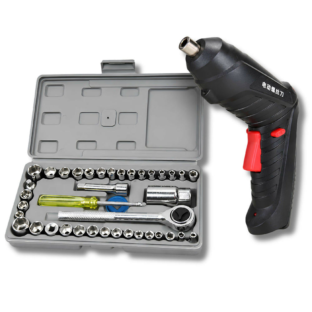 Destornillador Eléctrico Inalámbrico + Obsequio Set De Copas 40 Piezas
