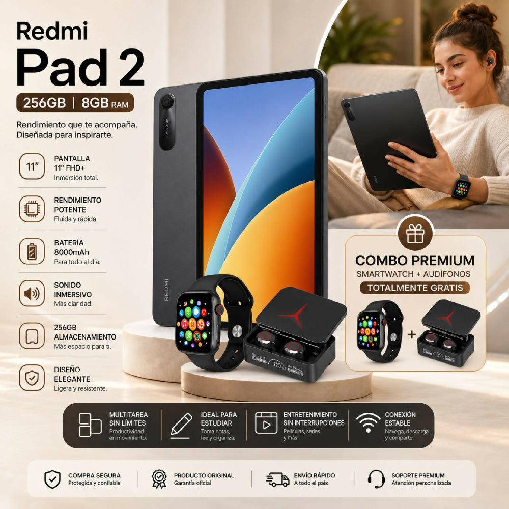 Tablet Redmi Pad 2 Wi-Fi 256GB 8GB RAM + Obsequios Audífonos Y Smartwatch Negro