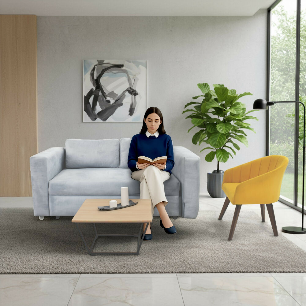 Sala con sofa Cama Baul Baxter Plata + Poltrona Shanghai Mostaza y Mesa Leeds