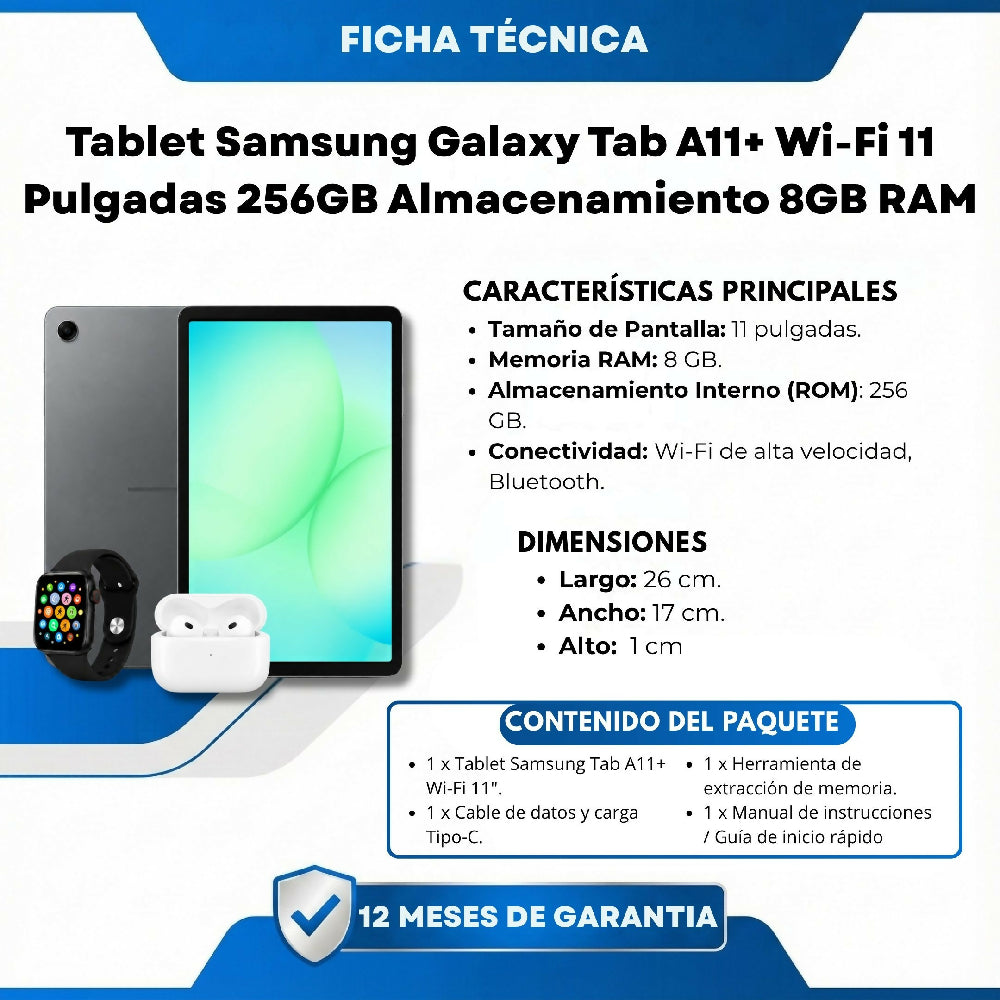 Tablet Samsung Tab A11 8" 128GB 8GB RAM + Obsequio Audífonos Y Smartwatch Negro
