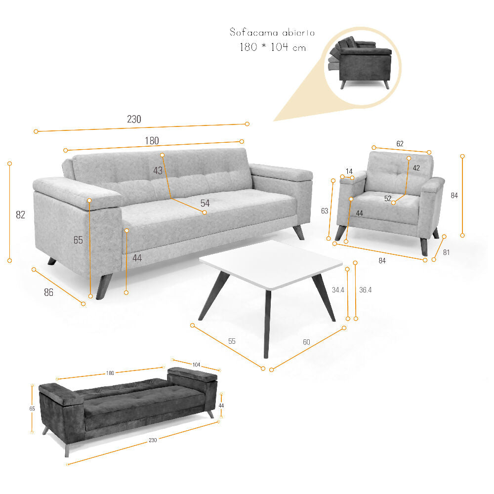 Set de sala con Sofa Cama Moretto Poltrona Carter Tela Beige mas mesa de Centro Nova
