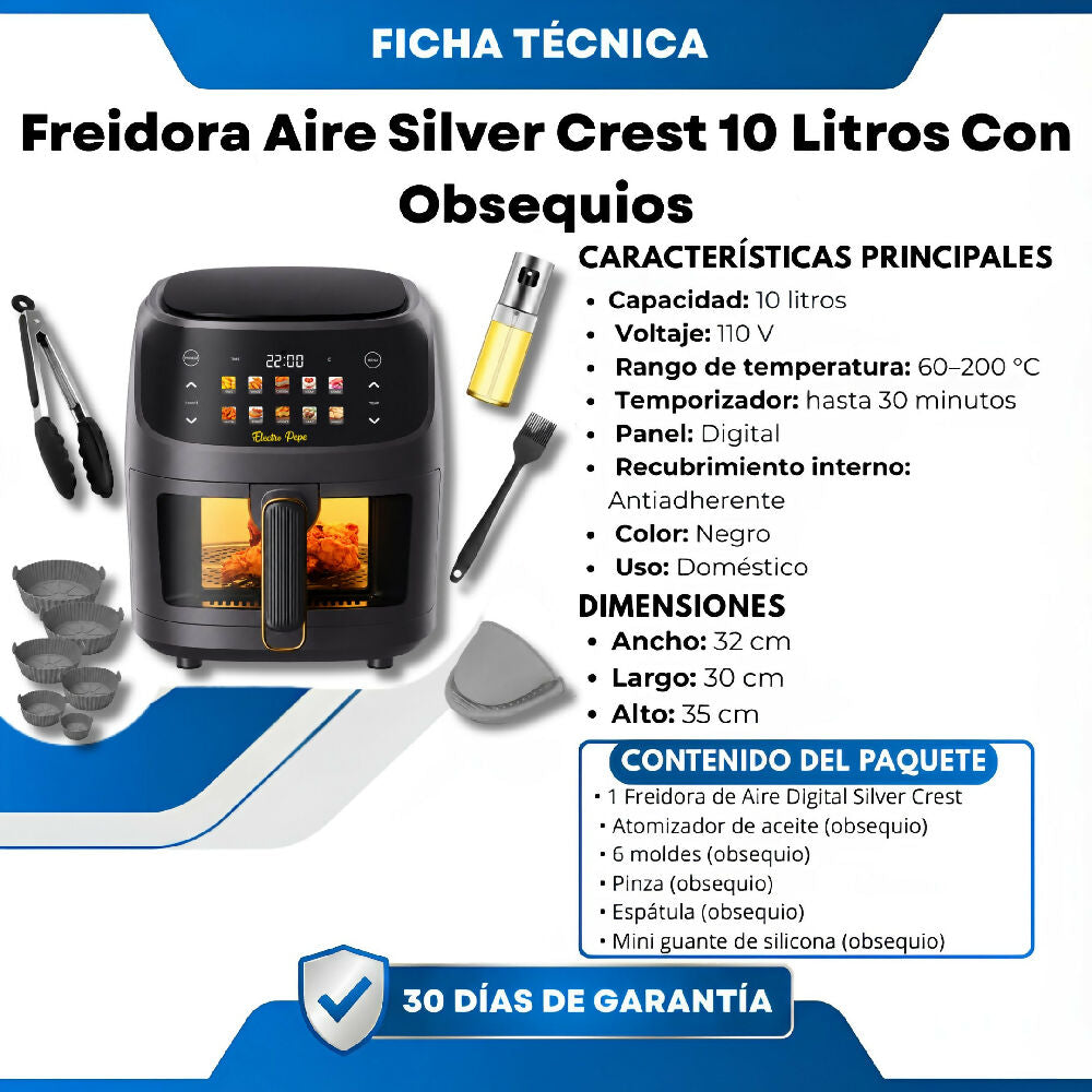 Freidora Aire Silver Crest 10 Litros Con Obsequios De Gran Capacidad 2400W