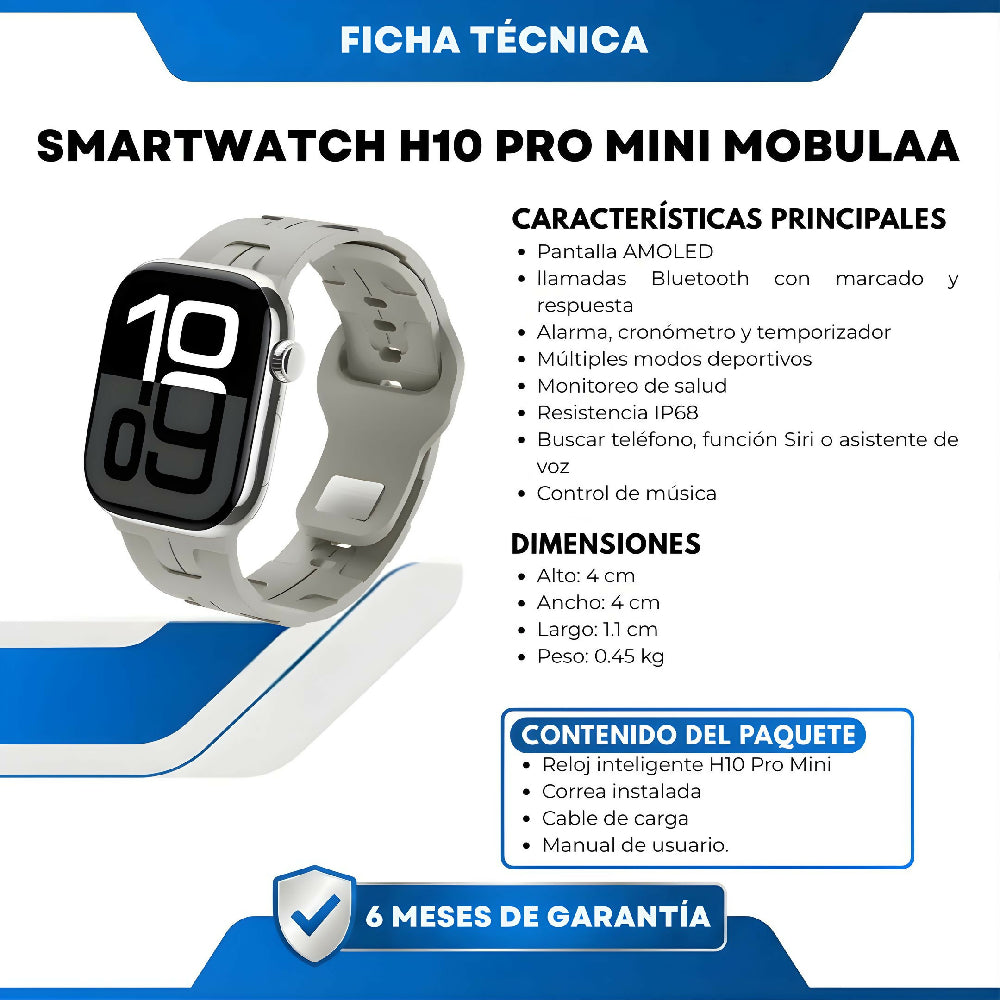 Smartwatch H10 Pro Mini Mobulaa Reloj Inteligente Bluetooth Con Llamadas, Monitor De Salud, SpO2 Y Diseño Compacto
