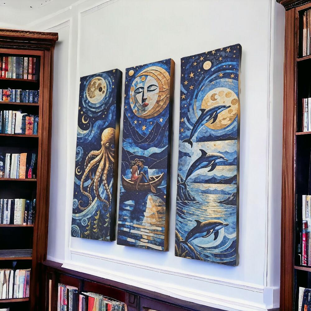 Lienzos Tríptico Arte Noches De La Luna Azul 60X18CM