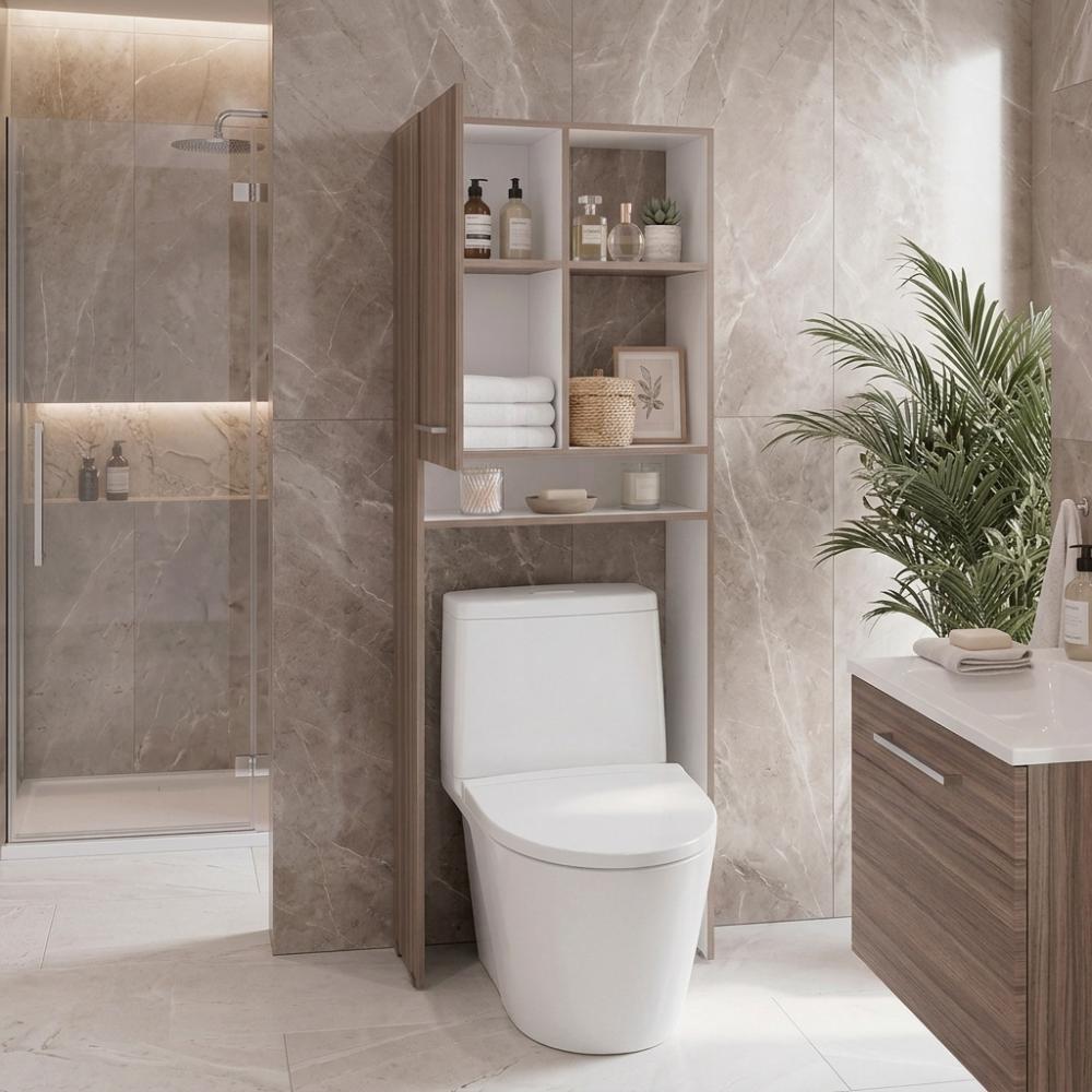 Gabinete de Baño Sharon, Avellana y Blanco, Ideal para Ahorrar Espacio