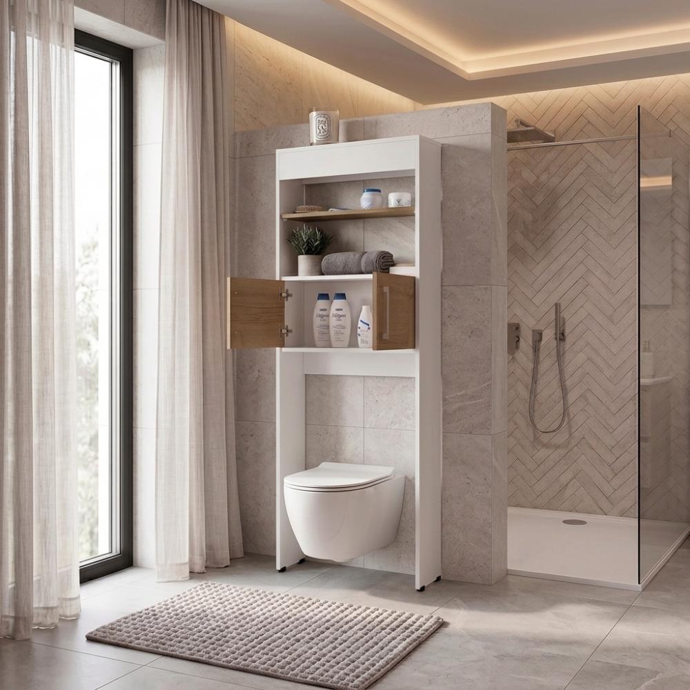 Gabinete de Baño Aqua 5, Blanco y Fresno Europeo, con Dos Puertas y Gran Capacidad de Almacenamiento ZF