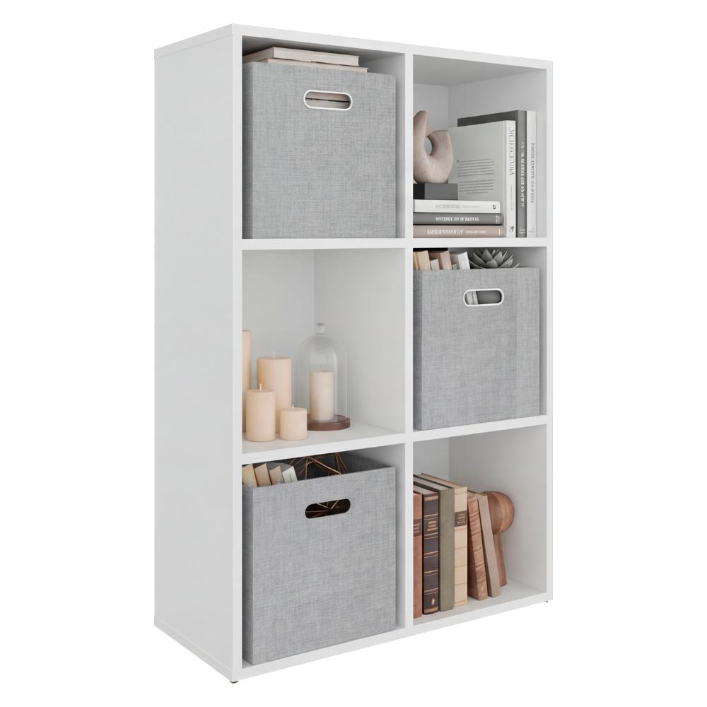 Biblioteca Cubica Lena 6, Blanco Duqueza, con 3 Cajas de Tela para Organizar Objetos ZF