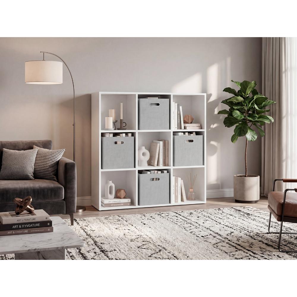 Biblioteca Cubica Lena 9, Kronos Blanco, con 4 cajas de tela para organizar elementos ZF