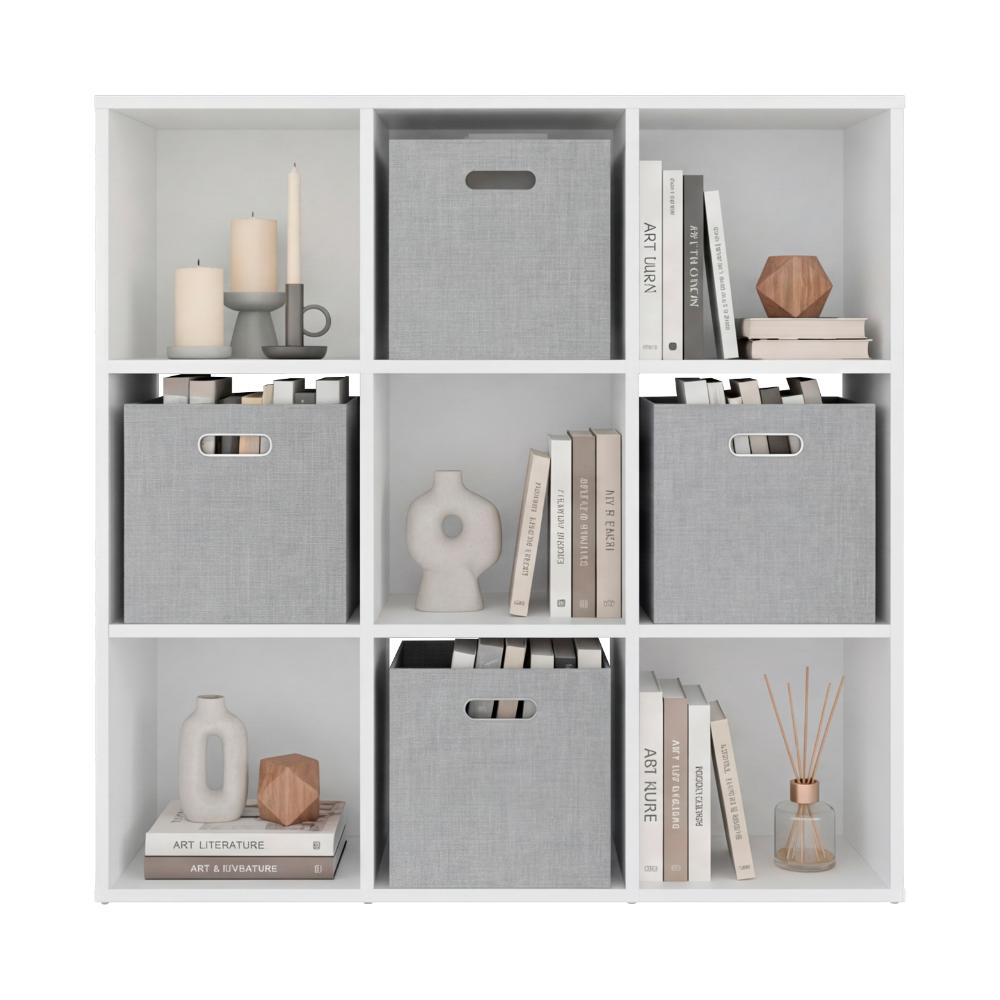 Biblioteca Cubica Lena 9, Kronos Blanco, con 4 cajas de tela para organizar elementos ZF
