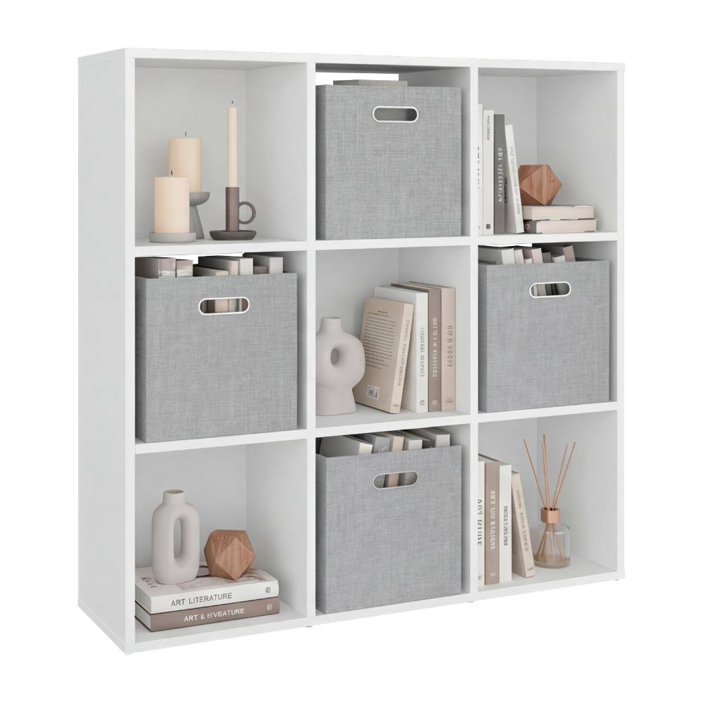 Biblioteca Cubica Lena 9, Kronos Blanco, con 4 cajas de tela para organizar elementos ZF