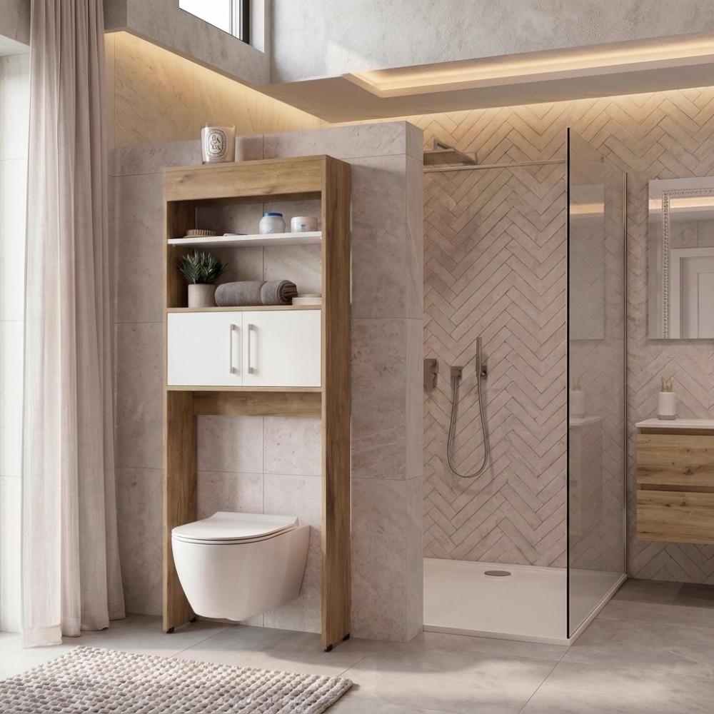 Gabinete de Baño Aqua 5, Fresno Europeo y Blanco, con Dos Puertas y Gran Capacidad de Almacenamiento ZF