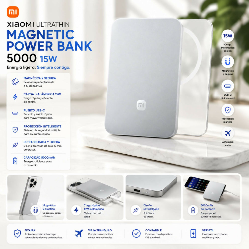 Power Bank Magnética Xiaomi Batería 5000/15W Portátil Carga Inalámbrica