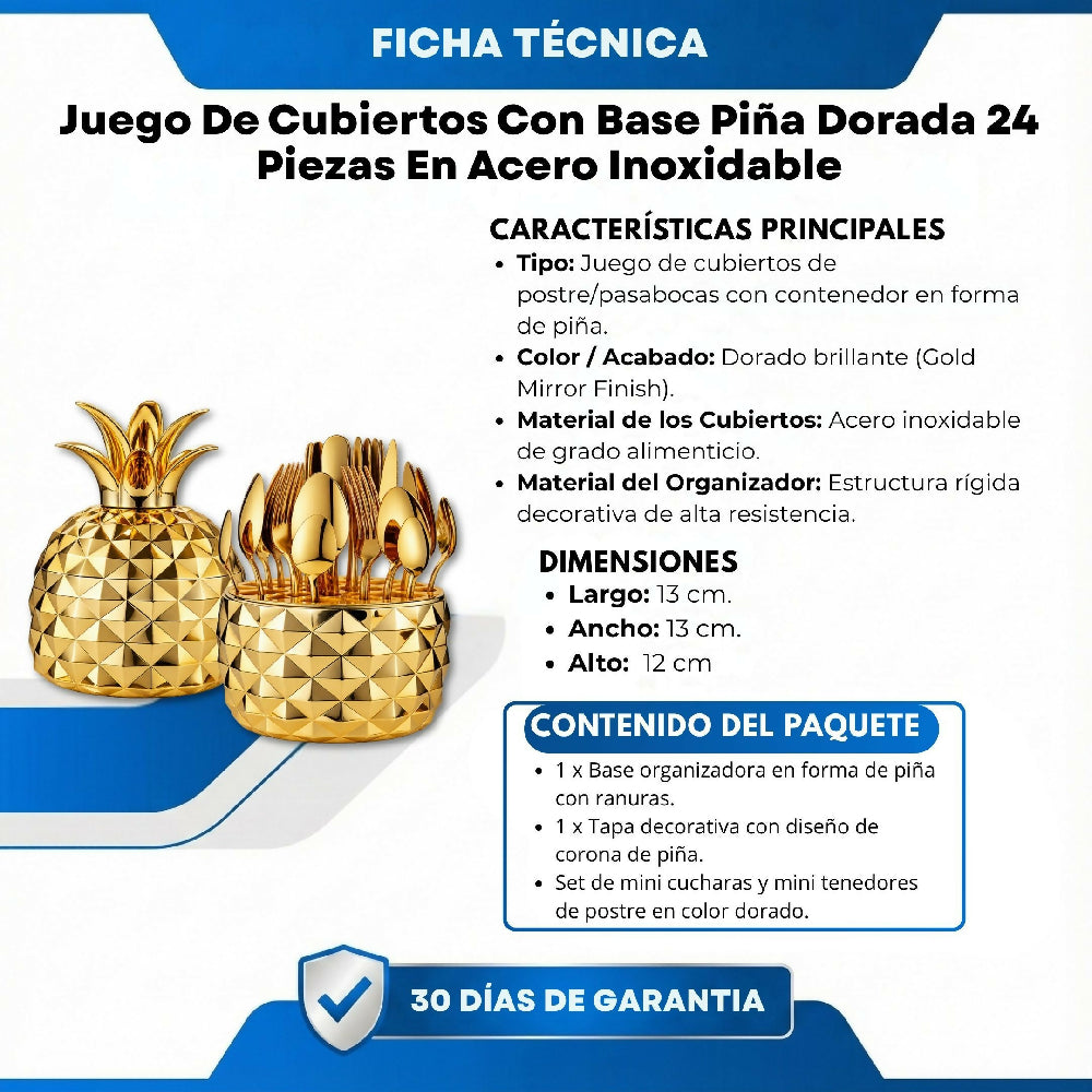 Juego De Cubiertos Con Base Piña Dorada 24 Piezas En Acero Inoxidable
