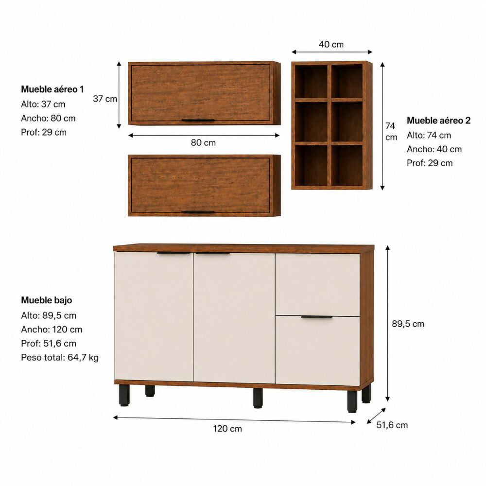 Cocina 120 cm Tahití 4 Puertas 2 Cajones - Natural/Blanco Apagado