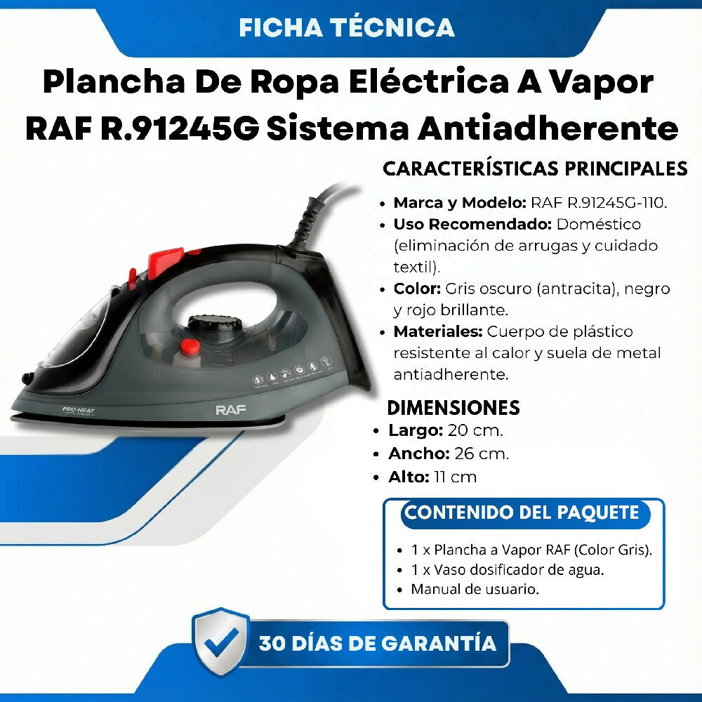 Plancha De Ropa Eléctrica A Vapor RAF R.91245G Sistema Antiadherente