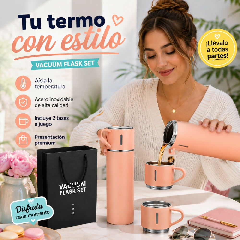 Termo De Acero Inoxidable Vacuum Flask 500ml Con 3 Tazas Vasos Incluidos Rosado
