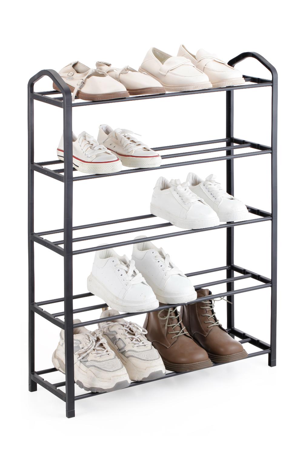 Zapatero organizador Juna, Negro, de 5 niveles con amplio espacio para 15 pares