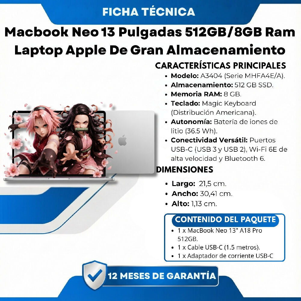 Macbook Neo 13 Pulgadas 512GB/8GB Ram Laptop Apple De Gran Almacenamiento Plateado